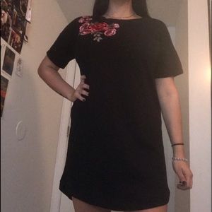 Black tee shirt dress with floral patch